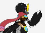  anthro armor avian balls beak big_hands bird black_feathers clothed clothing corvid feathers highlights inviting kieran_(thekatdragon49) looking_at_viewer nintendo partially_clothed raven rito scarf simple_background smile the_legend_of_zelda thekatdragon49 tongue video_games white_highlights wings 