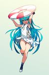  absurdres anchor_symbol aqua_eyes aqua_hair armpits arms_up bare_arms bare_legs blue_legwear bow character_request dress full_body grey_bow highres innertube kaki_gohri long_hair looking_at_viewer neckerchief shoe_bow shoes short_dress smile socks solo striped striped_swimsuit swimsuit swimsuit_under_clothes very_long_hair white_dress white_footwear 