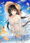  black_hair blush breasts brown_eyes cleavage collarbone eyebrows_visible_through_hair flower hat large_breasts looking_at_viewer naru_(ul) navel original parted_lips smile solo sun_hat wading water_drop 