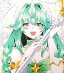  1girl alternate_costume animal_ears bare_shoulders blush gloves green_eyes green_hair horn league_of_legends long_hair otani_(kota12ro08) solo soraka staff star_guardian_soraka very_long_hair white_gloves 