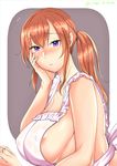  absurdres apron breasts brown_hair cleavage geminiboar highres jewelry large_breasts long_hair looking_at_viewer mature nipple_slip nipples original ring solo twintails twitter_username wavy_mouth wedding_band 
