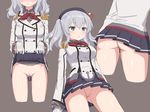  ass bad_id bad_pixiv_id beret black_hat blue_eyes blush censored cnm epaulettes gloves hat jacket kantai_collection kashima_(kantai_collection) long_sleeves military_jacket miniskirt mosaic_censoring neckerchief no_panties pussy red_neckwear silver_hair skirt skirt_lift solo tsurime twintails white_gloves white_jacket 