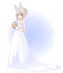  akasha_(syakoba) animal_ears blue_background bouquet bride bright_pupils dress facepaint flower full_body gloves grey_hair original shako_(syakoba3) simple_background smile two-tone_background white_background white_dress white_gloves wolf_ears 