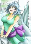 blue_eyes blue_hair blush breasts casual_one-piece_swimsuit cleavage d-m_(dii_emu) dress_swimsuit drill_hair head_fins highres large_breasts looking_at_viewer mermaid misty_lake monster_girl one-piece_swimsuit open_mouth sash smile solo swimsuit touhou wakasagihime water 