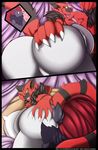  &lt;3 2017 2017looking_back ass_to_face bed big_breasts big_butt black_fur blush breasts bubble_butt butt canine claws clothing duo feline female female/female fur gin-blade hair hand_on_butt hi_res huge_breasts huge_butt incineroar inviting lying mammal nintendo pillow pok&eacute;mon raised_tail side_boob video_games wiggle yoga_pants zoroark 