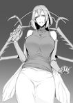  :d antennae bare_shoulders breasts carapace cowboy_shot greyscale half-closed_eyes highres insect_girl insect_wings jewelry large_breasts looking_at_viewer monochrome monster_girl nakamura_regura necklace open_mouth original shirt short_hair skirt sleeveless sleeveless_shirt sleeveless_turtleneck smile solo spikes turtleneck wings 