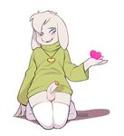  4_fingers anthro asriel_dreemurr balls blue_eyes blush bottomless caprine clothed clothing crazedg erection foreskin fur goat humanoid_penis jewelry legwear male mammal necklace partially_retracted_foreskin penis simple_background solo stockings sweater teenager uncut undertale video_games white_fur young 