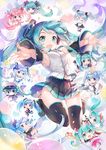  aqua_eyes aqua_hair blue_hair boots cherry_hair_ornament chibi closed_eyes commentary_request detached_sleeves food_themed_hair_ornament goodsmile_company goodsmile_racing green_hair hair_ornament hat hatsune_miku hatsune_miku_(append) headphones highres lance long_hair magical_mirai_(vocaloid) multiple_girls necktie open_mouth outstretched_arms peaked_cap pink_hair polearm racing_miku racing_miku_(2015) sakura_miku senbon-zakura_(vocaloid) shield shinkai_shoujo_(vocaloid) sibyl skirt songover tell_your_world_(vocaloid) thigh_boots thighhighs twintails very_long_hair vocaloid vocaloid_append weapon yuki_miku 