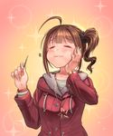  absurdres ahoge blush brown_hair closed_eyes closed_mouth coat collarbone drill_hair eyebrows_visible_through_hair facing_viewer foodgasm green_nails hand_on_own_face highres idolmaster idolmaster_million_live! kamille_(vcx68) nail_polish short_hair smile solo toothpick upper_body yokoyama_nao 