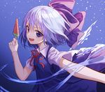  bangs bare_arms blue_dress blue_eyes blue_hair bow cirno dress food hair_bow holding ice ice_wings lo-ta looking_at_viewer outstretched_arm popsicle purple_bow red_ribbon ribbon short_hair short_sleeves smile solo touhou upper_body watermelon_bar wings 