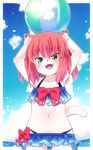  animal_ears armpits arms_up ball beachball bikini bikini_skirt blush brown_hair cat_ears cat_tail cloud commentary_request day fangs furry green_eyes highres navel ocean open_mouth original short_hair sky slit_pupils smile solo swimsuit tail yuuki_(yuyuki000) 