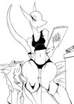  alien anthro bed black_and_white breasts captainjingo cleavage clipboard clothed clothing eyelashes female midriff monochrome scalie sitting solo wide_hips 