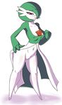  1girl absurdres blush breasts cleavage collarbone erect_nipples eyebrows_visible_through_hair full_body gardevoir green_hair hair_over_one_eye half-closed_eyes hand_on_hip hand_up legs_apart medium_breasts navel neayix no_humans no_pussy pokemon pokemon_(creature) pokemon_rse shirt_pull short_hair signature simple_background smile solo standing text white_background 