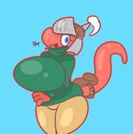  anthro armor bag big_breasts blue_eyes breasts claws clothing female headgear helmet huge_breasts invalid_tag knight lizard long_tail red_knight_(sirphilliam) red_skin reptile scalie silly sweater tongue 