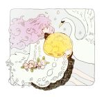  1girl artist_name bangs bird border crater dress feet_out_of_frame flower leaf long_hair moon object_hug original pink_flower pink_petals profile purple_hair signature sparkle swan tofuvi white_bird white_border yellow_moon 