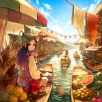  akagi_shun apple awning banana basket black_hair blue_sky blush boat closed_mouth cloth cloud corn dragon_fruit food from_behind fruit hair_ornament holding holding_oar laundry leaf leaf_hat leaf_on_head long_hair long_sleeves looking_at_viewer low-tied_long_hair market md5_mismatch oar original outdoors parasol plate pomelo pot purple_hair railing red_eyes river sash signature sitting sky smile solo_focus string_of_flags striped thatched_roof tropical umbrella water watercraft watermelon 