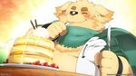  blush canine clothed clothing cusith cute dog eating food hinami0506 jacket male mammal pancake scarf slightly_chubby tokyo_afterschool_summoners topless 