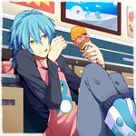  alternate_hairstyle apron arms_up bird black_shirt blue_hair box child_drawing closed_mouth dramatical_murder drawer drawing eating eyebrows_visible_through_hair food food_on_clothes hair_between_eyes hair_over_shoulder hiiroichi holding ice_cream ice_cream_cone indoors licking licking_hand long_hair long_sleeves male_focus pants penguin pink_apron plant ponytail potted_plant seragaki_aoba shelf shirt shoes simple_background sitting solo tongue yellow_eyes 