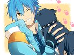  &gt;:) ;) blue_hair clenched_teeth dog dog_paws dramatical_murder eyebrows_visible_through_hair hair_between_eyes hiiroichi holding jacket licking long_hair long_sleeves looking_at_another male_focus one_eye_closed paws ren_(dramatical_murder) seragaki_aoba simple_background smile teeth tongue upper_body v-shaped_eyebrows yellow_background yellow_eyes 