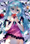  :o apple aqua_eyes aqua_hair bare_arms bed_sheet bell blush bottomless bow candy candy_wrapper flower food fruit glass_slipper hair_flower hair_ornament half-closed_eyes hand_mirror hatsune_miku head_tilt high_heels highres holding holding_food holding_fruit leaf long_hair looking_at_viewer lying makeup mascara md5_mismatch mirror navel niruanu_(nitayam) on_back out-of-frame_censoring polka_dot romeo_to_cinderella_(vocaloid) school_uniform serafuku shirt_removed shoe_bow shoes solo strap_slip vocaloid watch wristwatch 