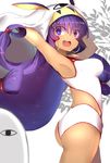  absurdres armpits arms_up ass blush breasts dark_skin earrings fate/grand_order fate_(series) highres hoop_earrings jewelry large_breasts long_hair looking_at_viewer medjed nitocris_(fate/grand_order) nitocris_(swimsuit_assassin)_(fate) one-piece_swimsuit photobomb purple_eyes purple_hair ranf smile solo swimsuit 