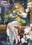  barefoot blonde_hair breasts brown_eyes cleavage collaboration copyright_name dated detached_sleeves floral_print flower gloves hair_ornament highres huang_zhong_(sanguo_romance) long_hair looking_at_viewer medium_breasts midriff official_art parted_lips ripples sanguo_romance sitting solo water weibo_id white_gloves xiaji yang_yang_(tigu) 