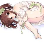  1girl bare_shoulders barefoot blush brown_eyes brown_hair feet fetal_position idolmaster idolmaster_cinderella_girls long_hair looking_at_viewer lying ogata_chieri on_side parted_lips toes twintails 