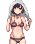  bang_dream! black_hair choker cowboy_shot eyebrows_visible_through_hair food kukkumann looking_at_viewer mitake_ran multicolored_hair red_eyes short_hair simple_background solo standing swimsuit towel towel_on_head two-tone_hair wet wet_hair 