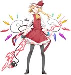  adapted_costume blonde_hair crystal fingerless_gloves flandre_scarlet gloves hat laevatein long_hair looking_at_viewer mob_cap neckerchief open_mouth red_eyes sakuraba_yuuki side_ponytail skirt slit_pupils solo thighhighs touhou vest weapon white_background wings zettai_ryouiki 