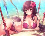  bad_anatomy beach bikini blush bracelet breasts brown_hair day eyebrows_visible_through_hair fate/grand_order fate_(series) flower hair_flower hair_ornament jewelry large_breasts light_smile long_hair looking_at_viewer lying navel on_side outdoors partially_submerged red_bikini red_eyes scathach_(fate)_(all) scathach_(swimsuit_assassin)_(fate) smile solo swimsuit water yomono 