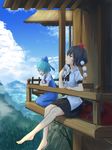  balcony barefoot black_hair black_skirt black_wings blue_eyes blue_hair bow cirno cloud collared_shirt day dress elbow_rest foot_dangle from_side hair_bow hat ice ice_wings looking_afar looking_down looking_up low_wings mountain multiple_girls neck_ribbon pleated_skirt pom_pom_(clothes) puffy_short_sleeves puffy_sleeves railing red_eyes ribbon roke_(taikodon) shameimaru_aya shirt short_hair short_sleeves skirt sky tokin_hat touhou wings 