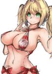  1girl ahoge bikini blonde_hair breasts chomikuplus earrings fate/extra fate/grand_order fate_(series) female green_eyes large_breasts long_hair long_twintails looking_at_viewer micro_bikini navel nero_claudius_(swimsuit_caster)_(fate) red_bikini red_swimsuit saber_extra side-tie_bikini simple_background sketch smile solo standing striped_bikini swimsuit twintails upper_body white_background 