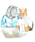  2012 5_fingers anthro arm_support biped black_fur black_hair black_nose black_stripes blue_clothing blue_shirt blue_topwear canine chair clothed clothing colored_pencil_(artwork) computer dress_shirt duo equine floyd_(stripes) fox fur hair humanoid_hands laptop leaning_on_elbow long_hair male mammal multicolored_fur multicolored_hair orange_fur pointing shirt short_hair simple_background sitting snout stormslegacy striped_fur stripes stripes_(character) t-shirt tan_hair traditional_media_(artwork) two_tone_fur two_tone_hair white_background white_clothing white_fur white_hair white_shirt white_topwear zebra 