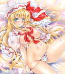  aqua_eyes artist_name at_classics bangs blonde_hair blush bow breasts capelet closed_mouth cowboy_shot eyebrows_visible_through_hair groin hat hat_bow large_breasts lily_white long_hair looking_at_viewer lying navel no_pants on_back panties panty_pull pillow pulled_by_self red_bow sample sidelocks skindentation solo touhou traditional_media underwear watermark white_panties 