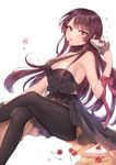  bad_revision black_legwear blush breasts cheesecake cherry cleavage crossed_legs eyebrows_visible_through_hair food fruit girls_frontline large_breasts long_hair looking_at_viewer md5_mismatch ozzingo pantyhose parted_lips pie purple_hair red_eyes red_hair sitting smile solo wa2000_(girls_frontline) 