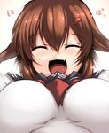  alternate_breast_size breasts brown_hair closed_eyes commentary_request fang from_below hair_between_eyes hair_ornament hairclip ikazuchi_(kantai_collection) kantai_collection large_breasts neckerchief open_mouth red_neckwear school_uniform serafuku short_hair smile solo tsukasawa_takamatsu 