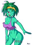  1girl artist_name ass blush bottomless breasts cleavage collarbone earrings erect_nipples fang green_hair green_skin hairband half-closed_eyes hand_up highres large_breasts legs_apart navel neayix one_eye_closed open_mouth purple_shirt pussy red_eyes rottytops shantae_(series) shiny_skin shirt short_hair signature simple_background skull_earrings sleeveless sleeveless_shirt smile solo standing stitches strap_slip tank_top teeth text tongue uncensored white_background wink zombie 