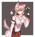  animal_ears ao_homura bad_id bad_pixiv_id bare_shoulders bell bell_collar belt breasts collar detached_sleeves hat inubashiri_momiji medium_breasts pom_pom_(clothes) red_eyes ribbon-trimmed_sleeves ribbon_trim shirt short_hair silver_hair sleeveless sleeveless_shirt solo tail tokin_hat touhou white_shirt wolf_ears wolf_tail 