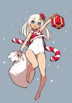  absurdres arm_up bare_legs barefoot blue_eyes box candy candy_cane covered_navel flower food full_body fur_trim gift gift_box grey_background hair_flower hair_ornament highres holding japanese_flag kaki_gohri kantai_collection long_hair looking_at_viewer open_mouth red_flower ro-500_(kantai_collection) sack sailor_collar school_swimsuit simple_background smile snowing solo swimsuit tan tanline white_hair white_school_swimsuit white_swimsuit 