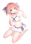  astolfo_(fate) barefoot bikini black_bow blush bow braid collarbone eyebrows_visible_through_hair fang fate/apocrypha fate/grand_order fate_(series) food hair_bow long_hair looking_at_viewer male_focus mogullaz multicolored_hair navel open_mouth otoko_no_ko pink_eyes pink_hair popsicle sitting smile solo swimsuit wariza white_hair 