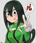  absurdres asui_tsuyu black_eyes black_hair bodysuit boku_no_hero_academia breasts closed_mouth commentary_request covered_collarbone gloves green_bodysuit grey_background hair_between_eyes hair_rings highres long_hair looking_at_viewer medium_breasts signature simple_background smile solo speech_bubble tongue tongue_out translated tuxedo_de_cat upper_body v white_gloves 