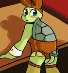  2017 anthro blue_eyes blush bunny_costume clothed clothing colored_nails costume crossdressing eyeshadow fake_ears fake_rabbit_ears freckles furgonomics inkyfrog leaning leaning_forward lipstick looking_back makeup male michelangelo_(tmnt) open_mouth orange_nails rear_view reptile scalie shell shirt_cuffs solo tail_clothing teenage_mutant_ninja_turtles turtle 