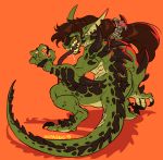  2019 4_fingers anthro brown_hair claws digital_media_(artwork) female hair horn lizard open_mouth orange_background orange_eyes reptile scalie simple_background solo spines teeth tongue zummeng 