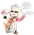  +_+ 1girl ;o bare_arms crown domino_mask dress english fingerless_gloves flat_chest hime_(splatoon) mole_under_mouth multicolored_hair nintendo one_eye_closed paizuri pink_hair simple_background sitting speech_bubble splatoon splatoon_2 text two-tone_hair white_background white_hair yawake yellow_eyes zipper 