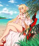  absurdres aestus_estus ahoge alternate_hairstyle bare_shoulders beach bikini blonde_hair blush breasts cleavage criss-cross_halter crossed_legs day fate/grand_order fate_(series) flower full_body green_eyes hair_between_eyes hair_intakes half_updo halterneck highres large_breasts legs long_hair looking_at_viewer navel nero_claudius_(fate)_(all) nero_claudius_(swimsuit_caster)_(fate) nose_blush ocean outdoors parted_lips platform_footwear rose side-tie_bikini sitting solo striped striped_bikini swimsuit sword very_long_hair vosalia weapon white_flower white_rose 