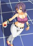  1girl adahcm bare_shoulders cleavage looking_at_viewer looking_up midriff natsume_(pokemon) navel pokeball pokemon pokemon_(game) pokemon_hgss purple_eyes short_hair smile solo standing tank_top thighs 