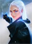  a_song_of_ice_and_fire blue_eyes daenerys_targaryen dragon dragon_on_shoulder eyebrows eyelashes forehead game_of_thrones glowing lips long_hair mini_dragon nose ross_tran solo upper_body white_hair 