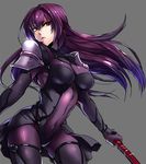  armor bodysuit breasts covered_navel fate/grand_order fate_(series) gae_bolg hair_intakes holding holding_weapon kaneaki_mukku large_breasts long_hair pauldrons polearm purple_bodysuit purple_hair red_eyes scathach_(fate)_(all) scathach_(fate/grand_order) shoulder_armor solo spear weapon 