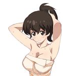  a1 armpits arms_up blush breasts brown_hair closed_mouth collarbone covered_nipples eyebrows_visible_through_hair girls_und_panzer hair_between_eyes hand_behind_head hand_in_hair highres koyama_yuzu large_breasts naked_towel ponytail sketch smile solo towel upper_body wet white_background white_towel 