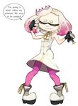  +_+ 1girl crown domino_mask dress english eyes_closed fingerless_gloves full_body hime_(splatoon) mole_under_mouth multicolored_hair nintendo pantyhose pink_hair pink_legwear simple_background sleeveless smile solo speech_bubble splatoon splatoon_2 text two-tone_hair white_background white_hair yawake yellow_eyes zipper 